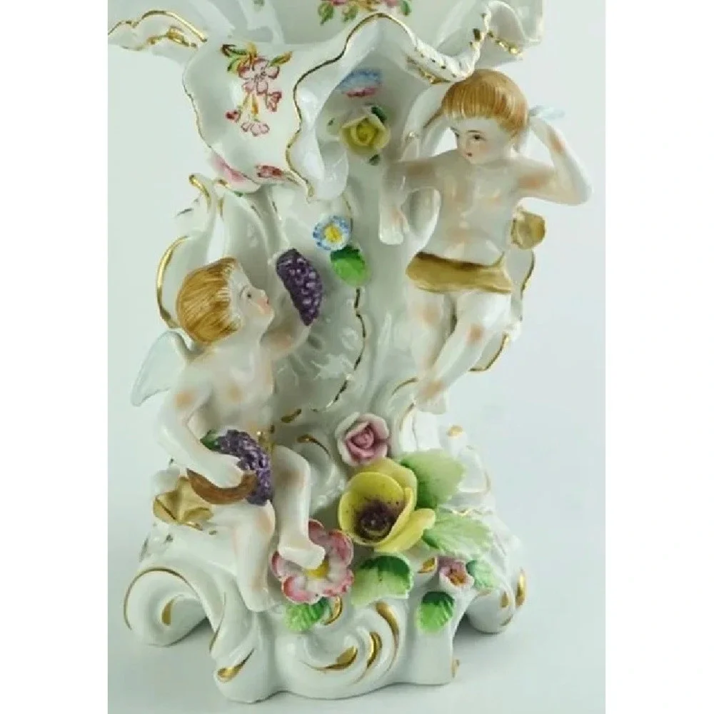 Vintage Porcelain Cherub Cornucopia Vase F-46 Rococo Floral Gold Trim 9in